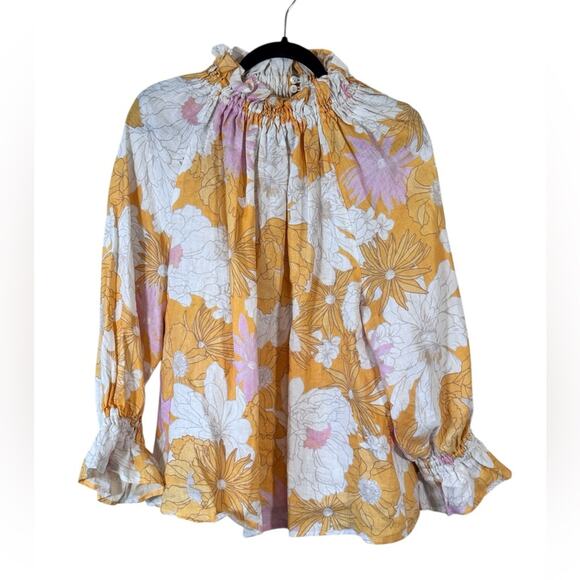 ephemera Tops - Ephemera Yellow Pink Floral Linen Ruffled Blouse Womens 6 Boho Peasant Natural